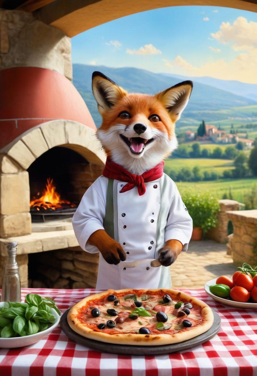 A joyful fox chef in a rustic kitchen, holding a deliciously cheesy pizza with toppings like pepperoni, olives, and basil, set against the backdrop of a charming Italian countryside. The scene should include a classic red-and-white checkered tablecloth and a rustic pizza oven. Painting style with vibrant colors.