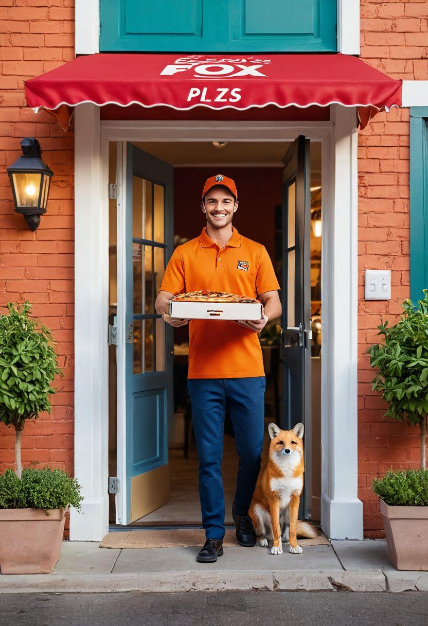 A mouth-watering pizza fresh out of the oven, surrounded by an array of vibrant toppings. A happy delivery person in a Fox's Quick and Hot Delivery uniform hands a pizza box to a smiling family at their doorstep. A smartphone displays the Fox's app with a 'Best Deals' banner. Background shows a cozy home setting. super-realistic. vibrant colors. warm lighting.