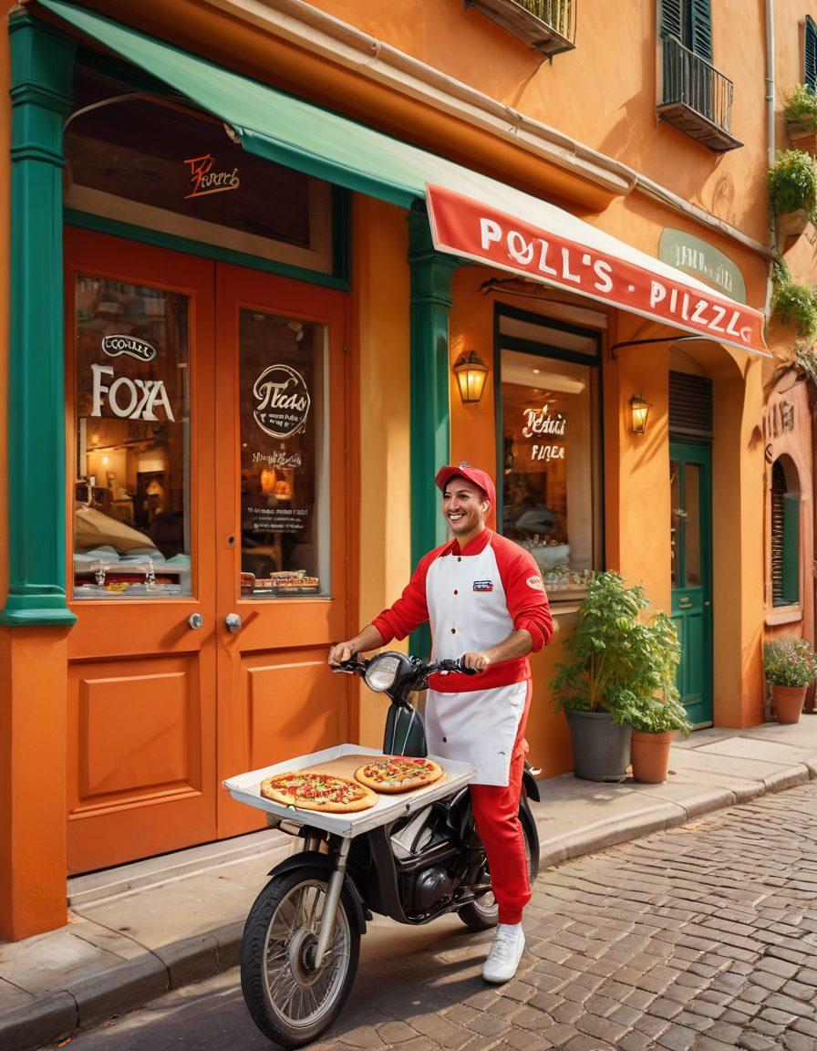 A mouth-watering, authentic Italian pizza with a perfectly crispy crust, topped with fresh mozzarella, basil leaves, juicy tomatoes, and drizzled with extra virgin olive oil. A friendly delivery person in a Fox's Pizza uniform, handing a pizza box to a delighted customer at their doorstep. Italian street ambience in the background with warm, vibrant colors. super-realistic. vibrant colors.